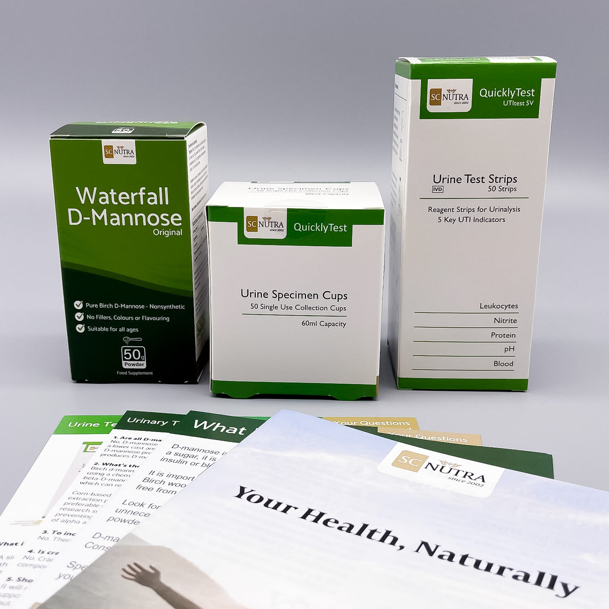 Waterfall D-Mannose, UTI test strips & Collection Cups Bundle. Image shows the 3 packs with further informational leaflets provided.