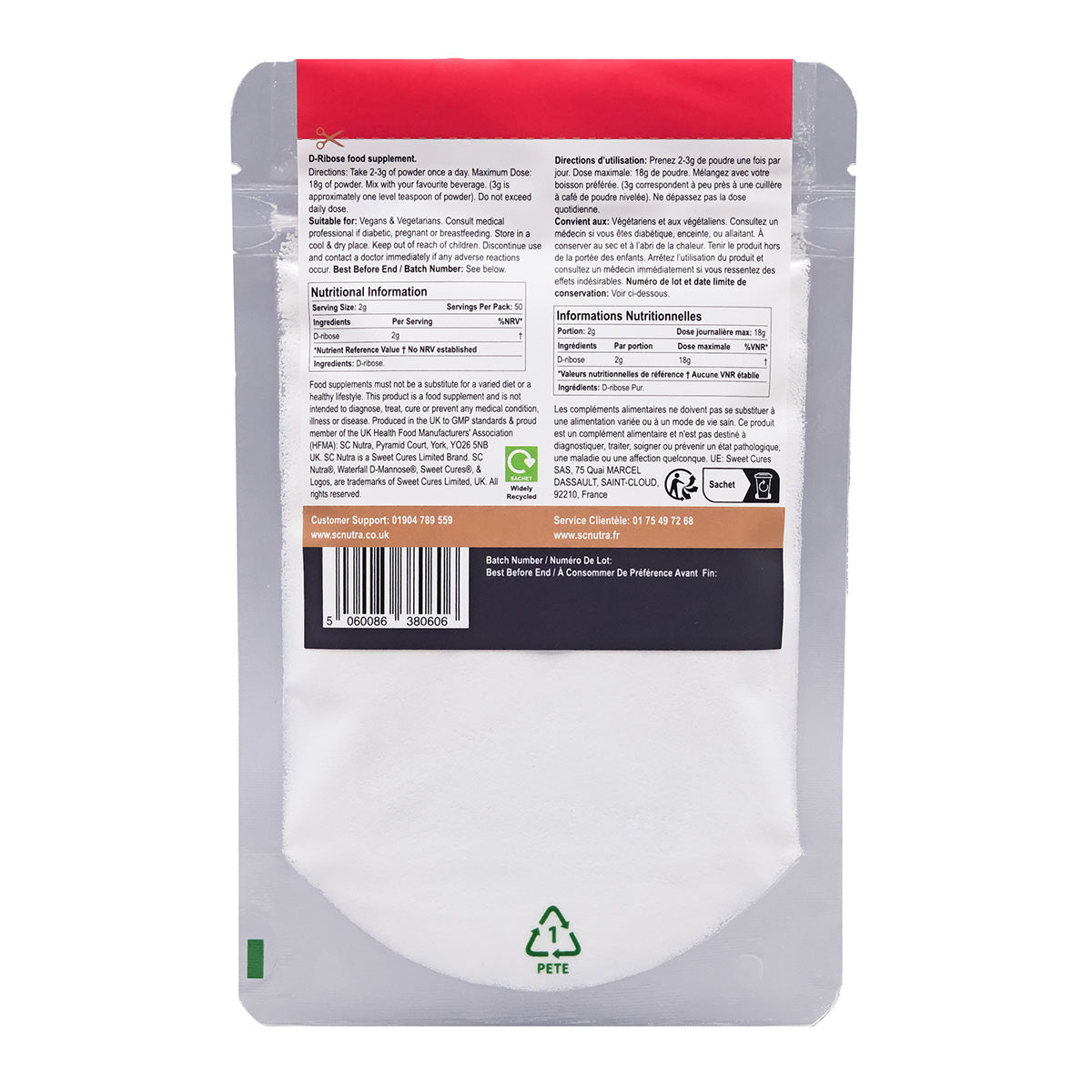 SC Nutra D-Ribose Original Powder Eco Refill Pack. Back of pack. Directions, Suitable for, Nutritional information and recycling information.