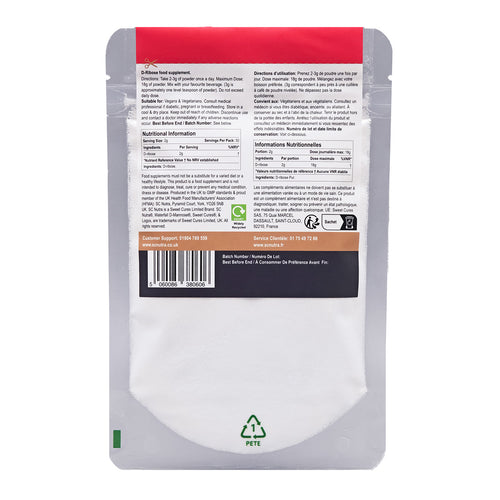 SC Nutra D-Ribose Original Powder Eco Refill Pack. Back of pack. Directions, Suitable for, Nutritional information and recycling information.