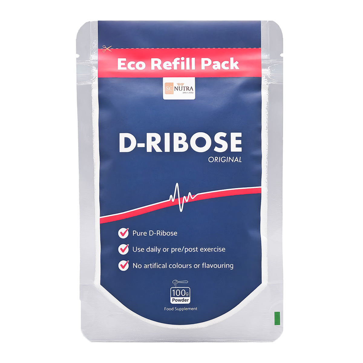 SC Nutra D-Ribose Original Powder Eco Refill Pack Front. Bullet Points: Pure D-Ribose. Use daily or pre/post exercise. No artificial colours or flavouring.