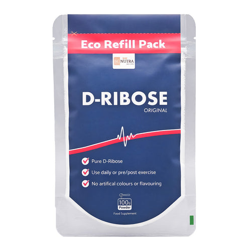 SC Nutra D-Ribose Original Powder Eco Refill Pack Front. Bullet Points: Pure D-Ribose. Use daily or pre/post exercise. No artificial colours or flavouring.