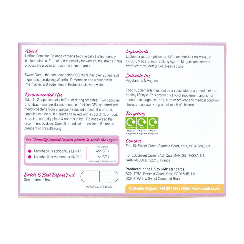 UniBac Feminine Balance back of box. Featuring, Directions, Suitable for, Nutritional information, & Sweet Cures Limited manufacturer