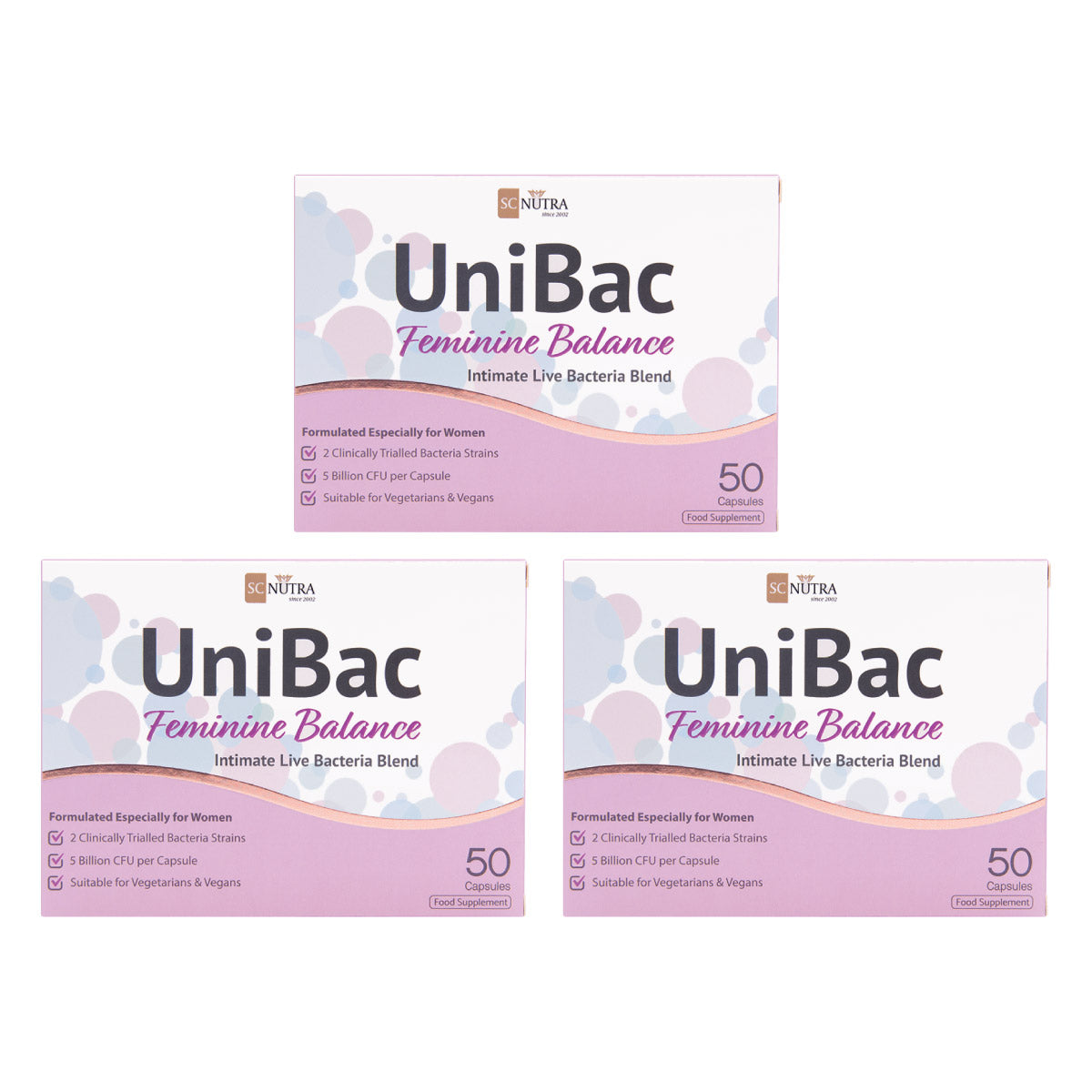 UniBac Advanced Feminine Balance Bundle. 3 x UniBac Feminine Balance Live Bacteria Blend. 3 for 2 Bundle.