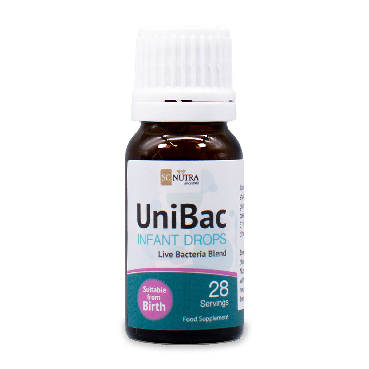 Front of bottle for UniBac Infant Drops – Live Bacteria. Also known as UniBac Infant Drops Live Probiotic Blend.
