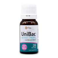Front of bottle for UniBac Infant Drops – Live Bacteria. Also known as UniBac Infant Drops Live Probiotic Blend.