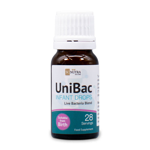 Front of bottle for UniBac Infant Drops – Live Bacteria. Also known as UniBac Infant Drops Live Probiotic Blend.