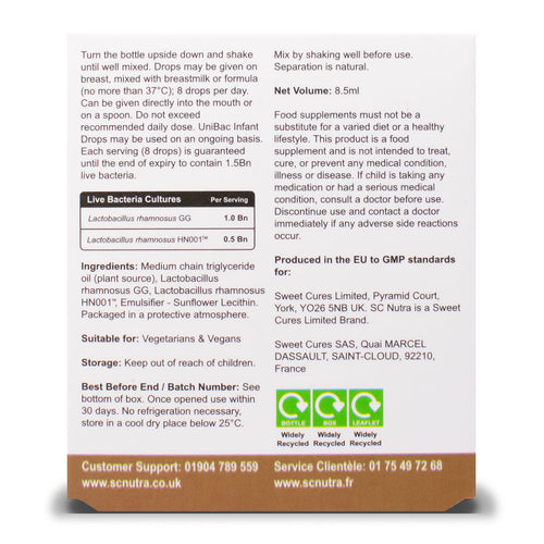 UniBac Infant Drops back of box. Directions, suitability, storage and nutritional information. Drops can be administered on breast, mixed with breastmilk & formula. 