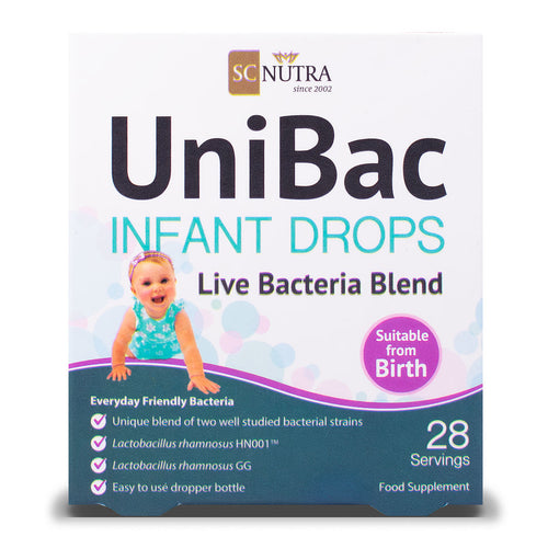 UniBac Infant Drops – Live Bacteria Blend front of box. 28 servings per pack. Box artwork includes a baby girl. 
