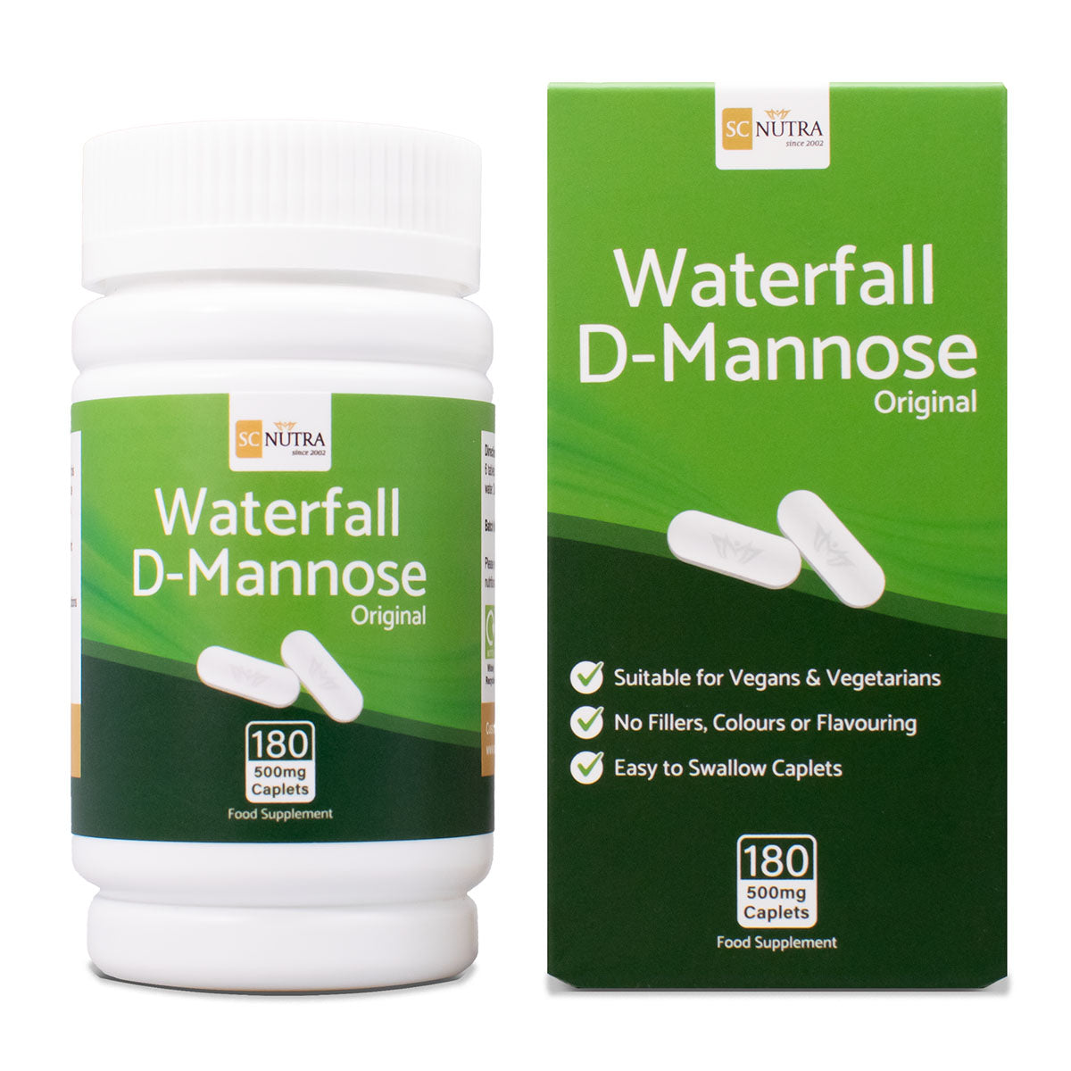 Waterfall D-Mannose Original Caplets Value Pack. Box and tub front. 180 caplets per pack. Recyclable and reusable tub. 