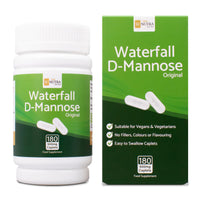 Waterfall D-Mannose Original Caplets Value Pack. Box and tub front. 180 caplets per pack. Recyclable and reusable tub. 