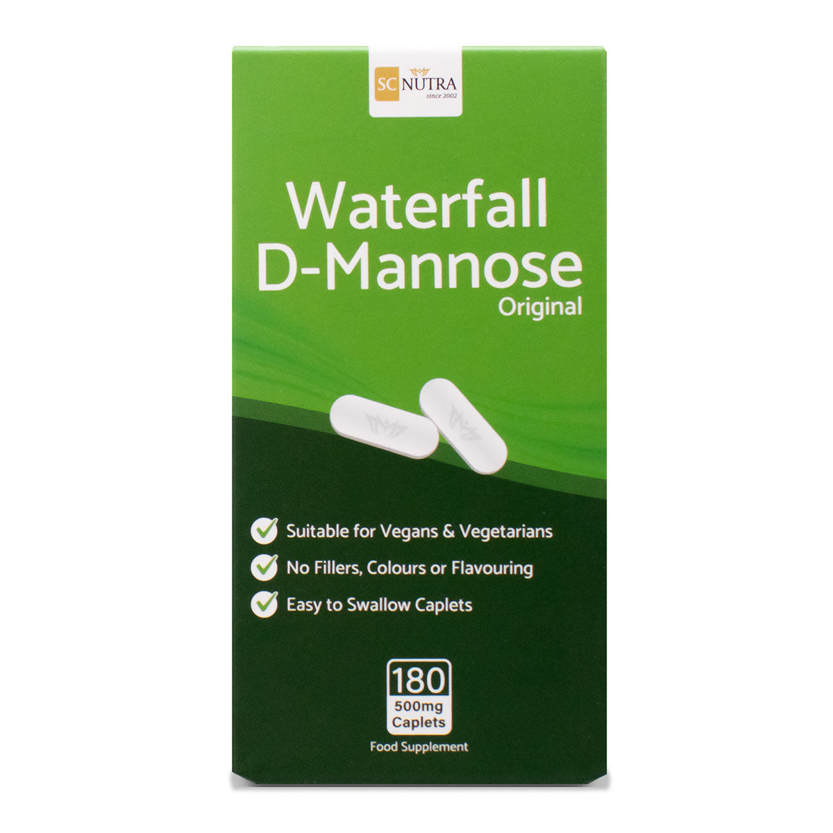 Waterfall D-Mannose Original Caplets Value Pack. Box front. Bullet points: Suitable for Vegans & Vegetarians. No Fillers, Colours or Flavouring. Easy to swallow caplets.