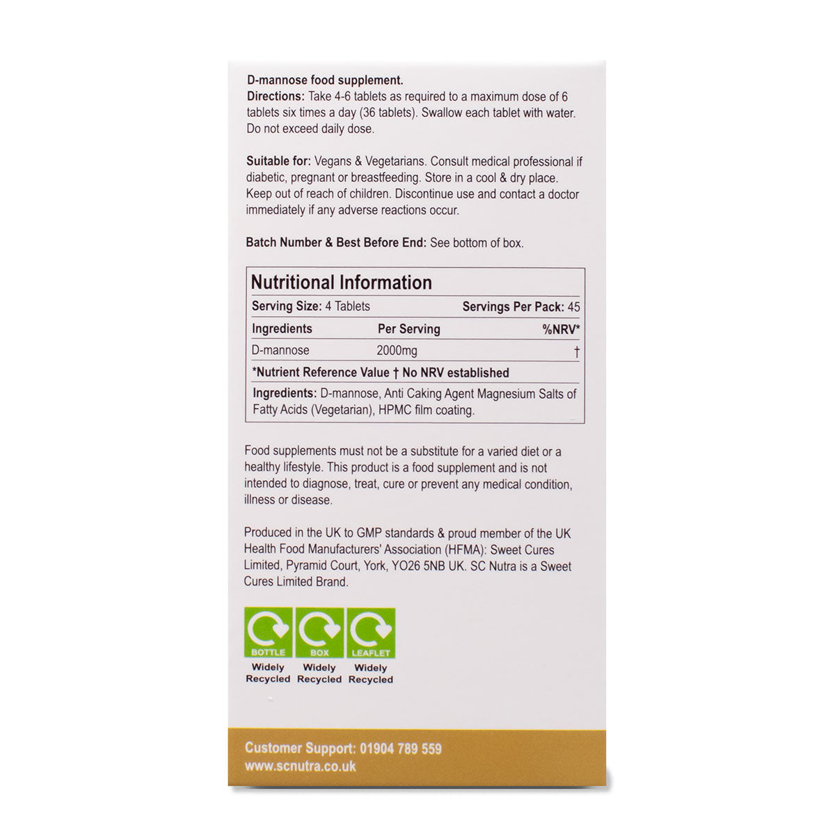 Waterfall D-Mannose Original Caplets Value Pack box side. Directions, Suitable for, Nutritional information and recycling information.
