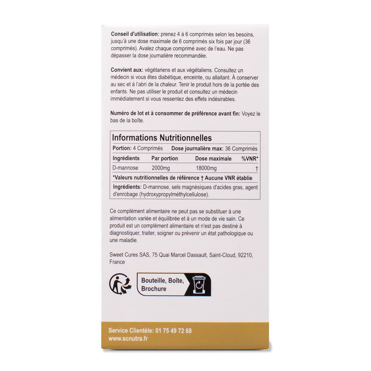 Waterfall D-mannose Original Caplets Value Pack box side. French.