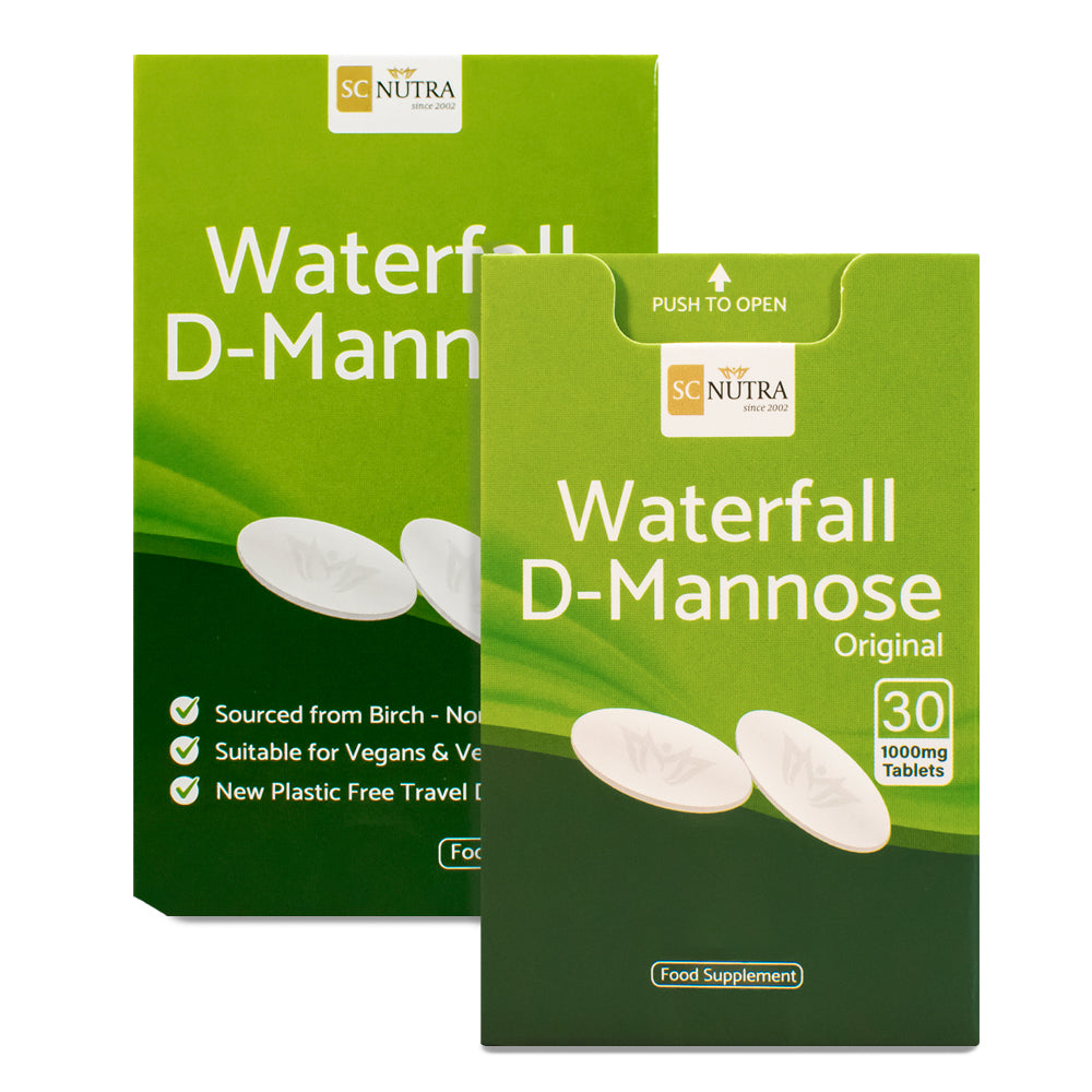 Waterfall D-Mannose 1000mg Tablets box and dispenser. Box shows image of the caplets, which are a great alternative to D-mannose capsules and free from flow agents.