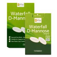 Waterfall D-Mannose 1000mg Tablets box and dispenser. Box shows image of the caplets, which are a great alternative to D-mannose capsules and free from flow agents.