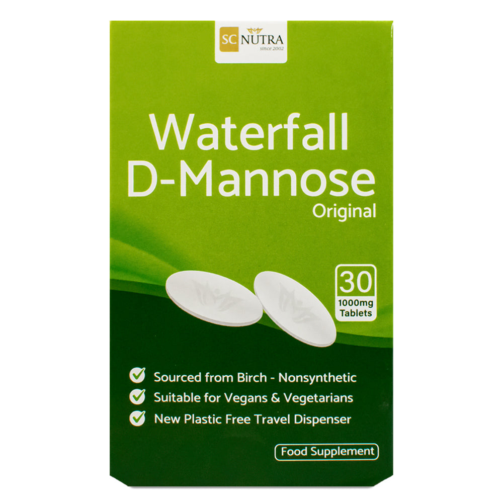 Waterfall D-Mannose 1000mg Tablets in a plastic free cardboard dispenser. Box front marked as sourced from birch & suitable for Vegans & Vegetarians.
