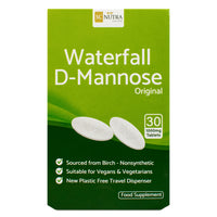 Waterfall D-Mannose 1000mg Tablets in a plastic free cardboard dispenser. Box front marked as sourced from birch & suitable for Vegans & Vegetarians.