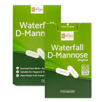 Waterfall D-Mannose Caplets box and dispenser. Box shows image of the caplets, which are a great alternative to D-mannose capsules and free from flow agents.
