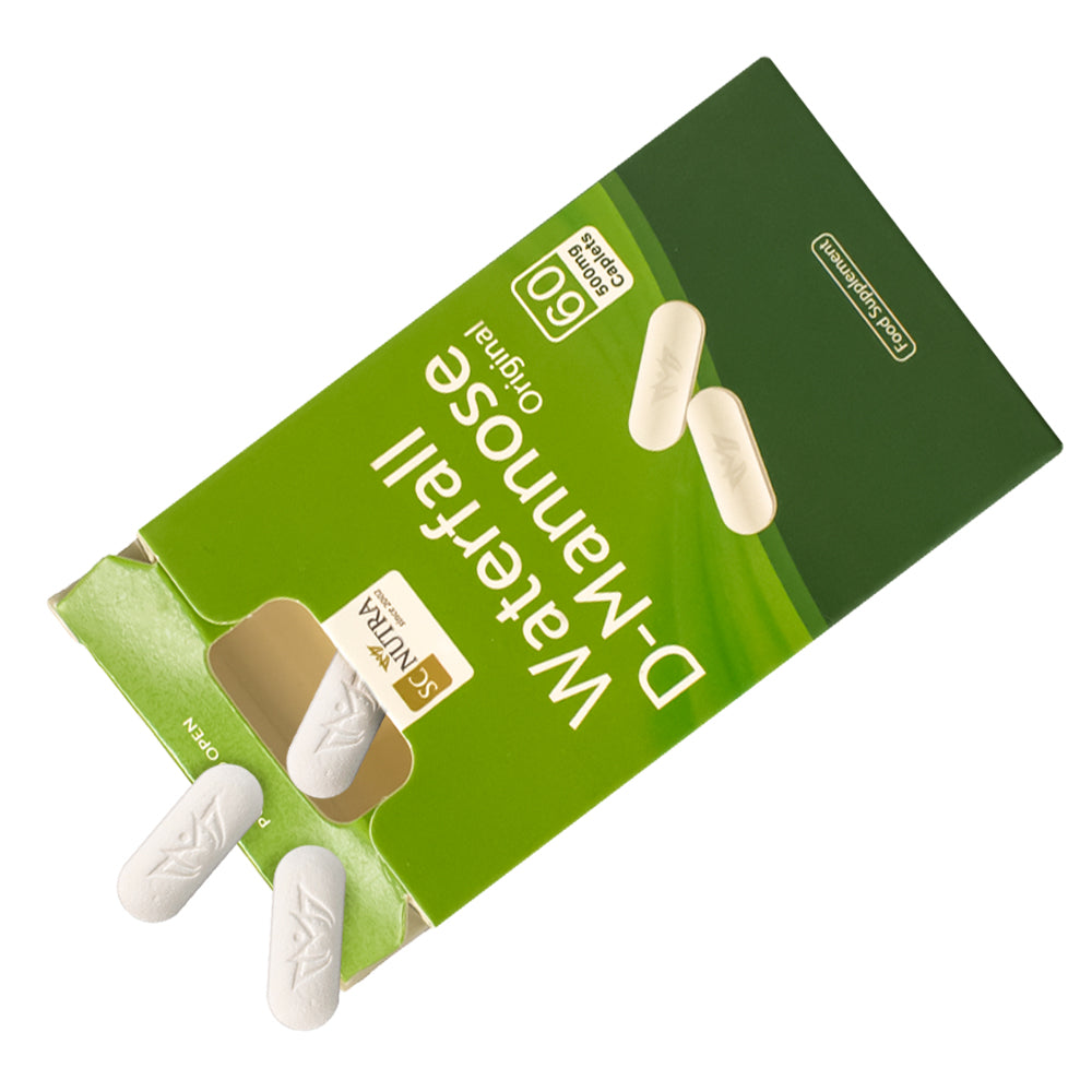 Lifestyle image showing the Waterfall D-Mannose Caplets cardboard dispenser being used. With a push up top these dispensers are economical and travel friendly.