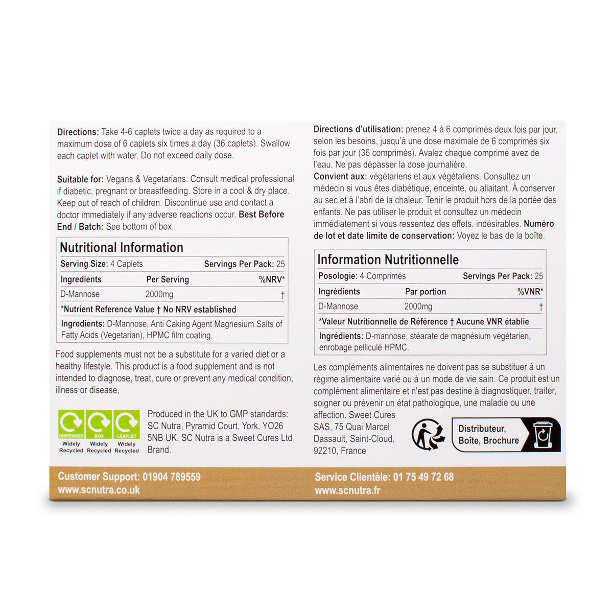 Waterfall D-Mannose 500mg Caplets back of the box. Directions, dosage, nutritional information, ingredients and suitability. 