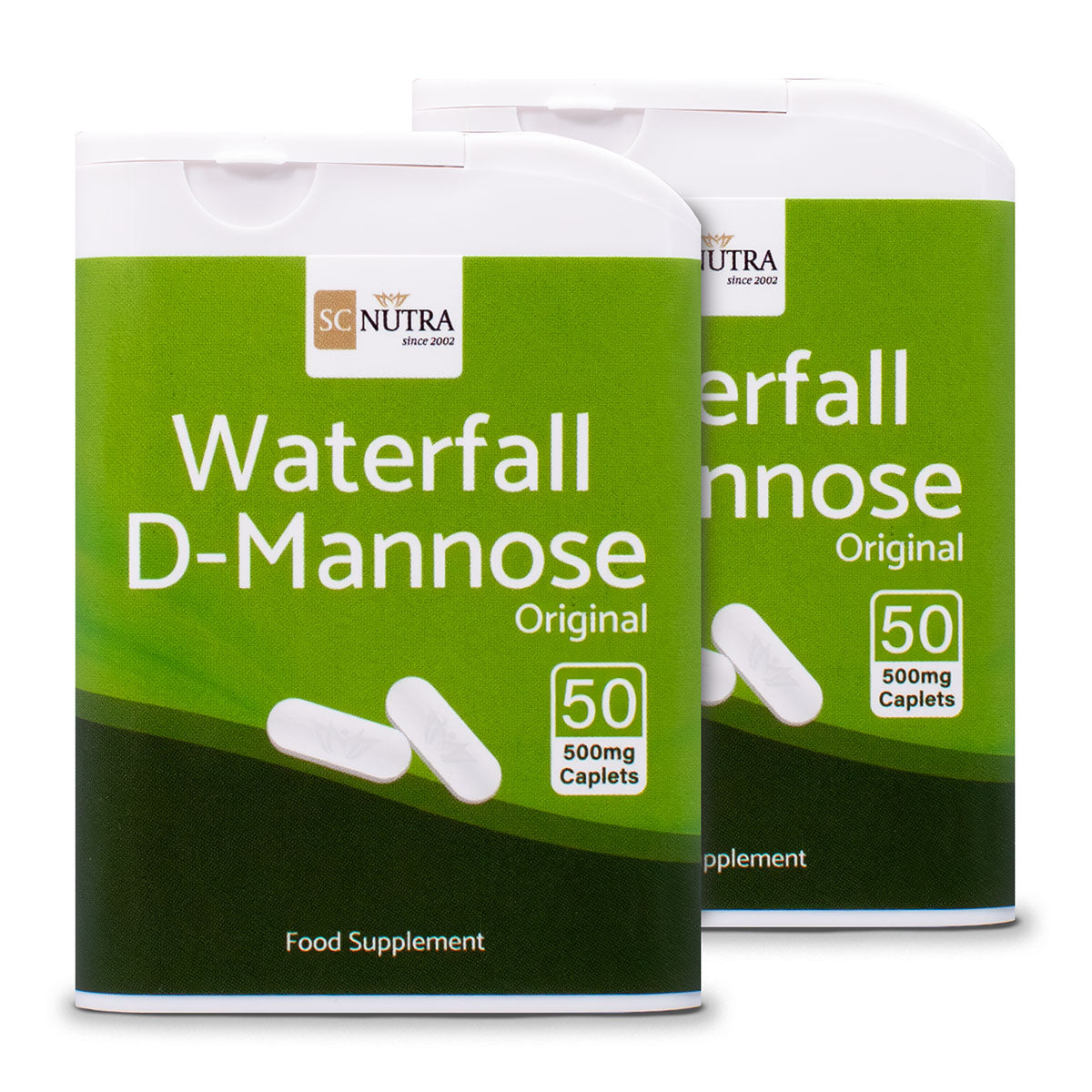 Waterfall D-Mannose 500mg Caplets travel friendly dispensers.