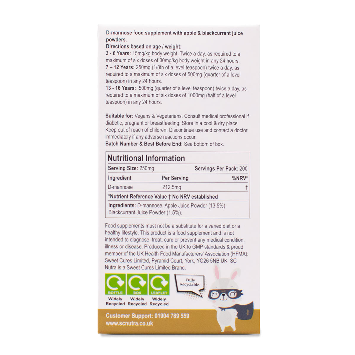 Box side for Waterfall D-Mannose Children Apple & Blackcurrant. Directions based on age / weight. Suitable for and nutritional information.
