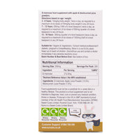 Box side for Waterfall D-Mannose Children Apple & Blackcurrant. Directions based on age / weight. Suitable for and nutritional information.