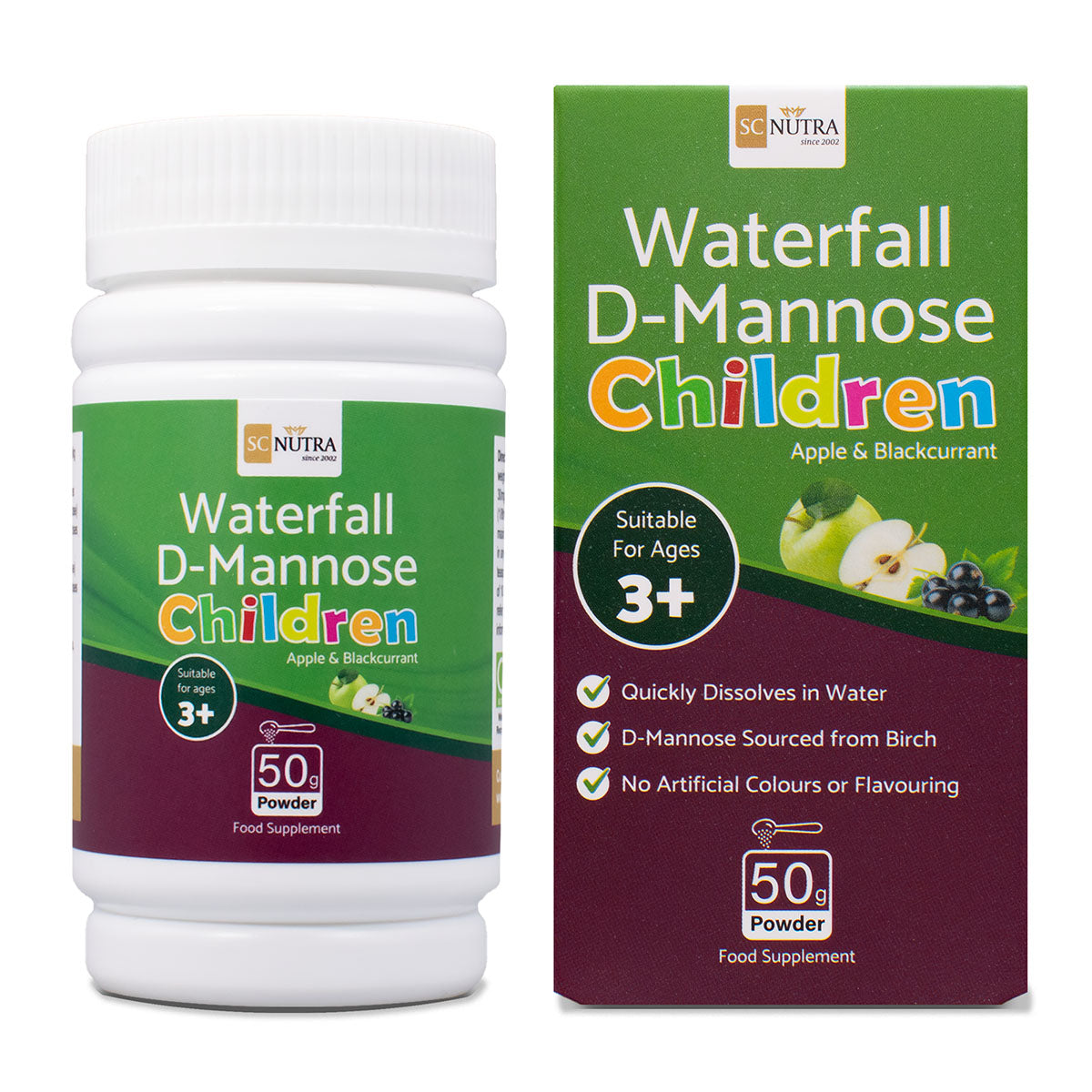 Waterfall D-Mannose Children Apple & Blackcurrant Powder. Front of box and tub. Suitable for boys & girls 3 plus. 