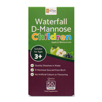 Waterfall D-Mannose Children Apple & Blackcurrant Powder front of box. No artificial colours or flavouring. D-Mannose sourced from birch.
