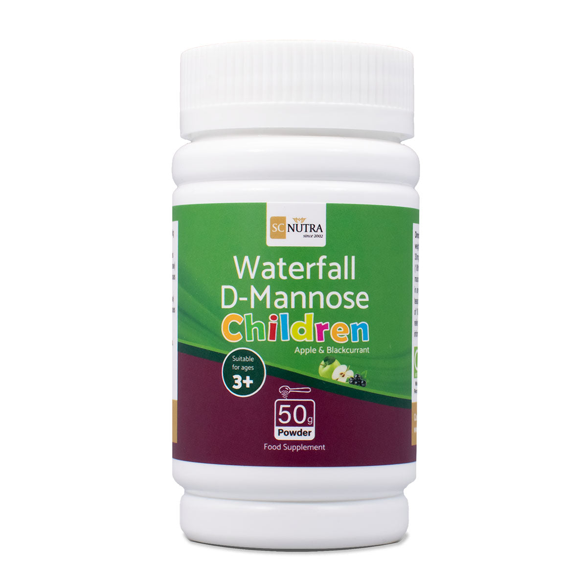 Front of tub for Waterfall D-Mannose Children Apple & Blackcurrant. Resealable & fully recyclable tub. Bright red, green packaging with multicoloured children text.