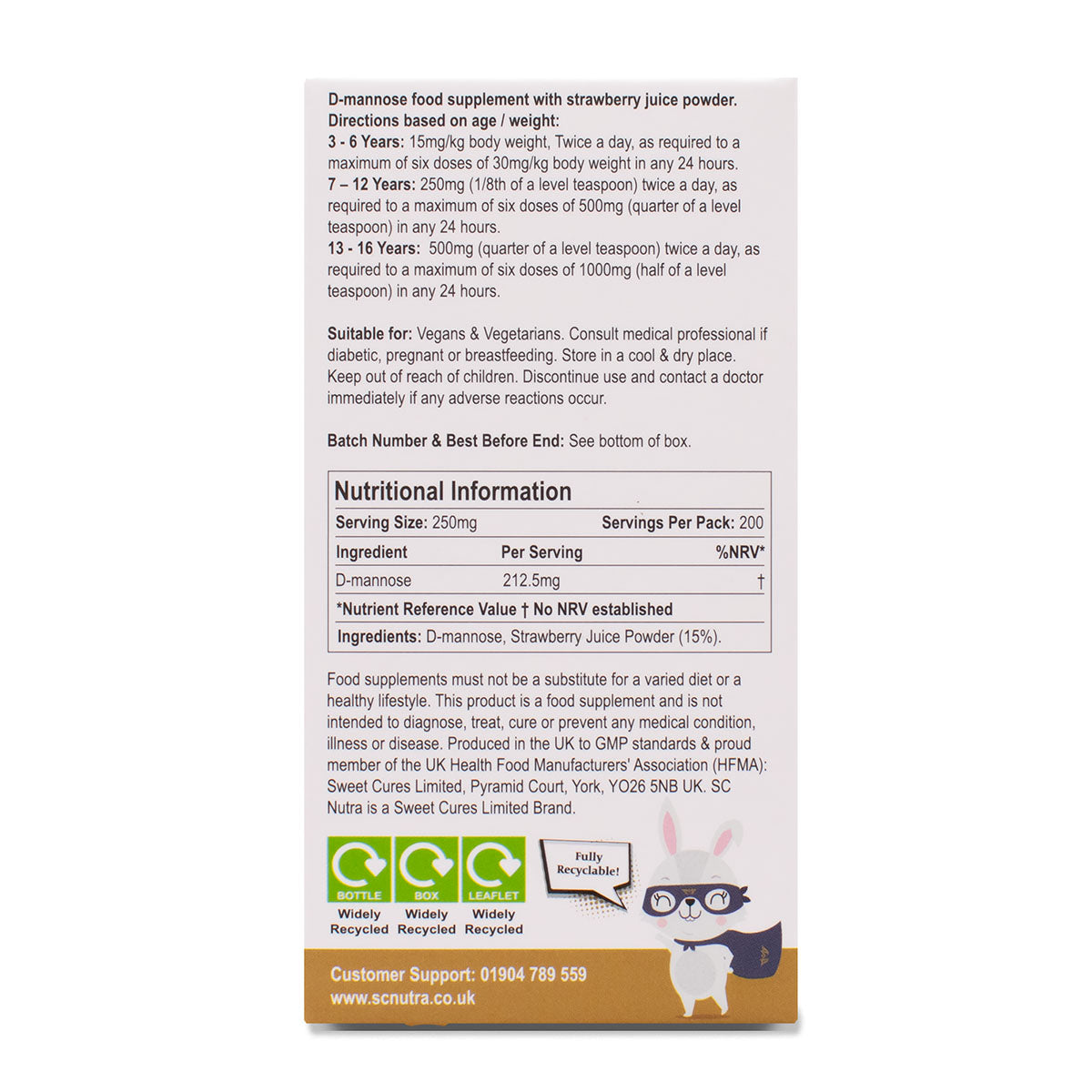 Box side for Waterfall D-Mannose Children Strawberry. Directions based on age / weight. Suitable for and nutritional information.