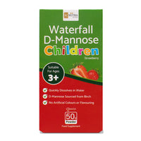 Waterfall D-Mannose Children Strawberry Powder front of box. No artificial colours or flavouring. D-Mannose sourced from birch.