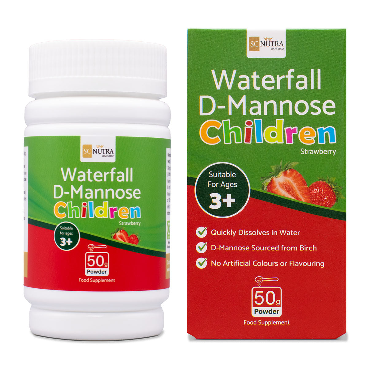 Waterfall D-Mannose Children Strawberry Powder. Front of box and tub. Suitable for boys & girls 3 plus. 