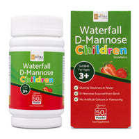 Waterfall D-Mannose Children Strawberry Powder. Front of box and tub. Suitable for boys & girls 3 plus. 