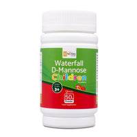 Front of tub for Waterfall D-Mannose Children Strawberry. Resealable & fully recyclable tub. Bright red, green packaging with multicoloured children text.