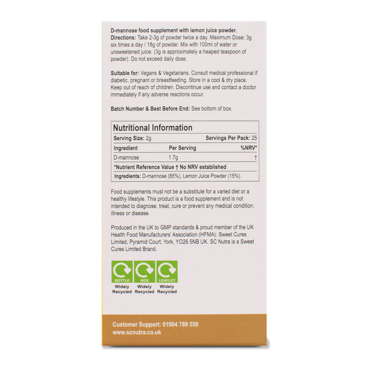 Box side for Waterfall D-Mannose Lemon powder. Shows instructions: Take 2-3g of powder twice a day. Maximum dose: 3g six times a day. Refer to website for more information. 