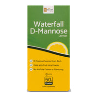 Box front for Waterfall D-Mannose Lemon powder. Food supplement. 50g of powder per pack.