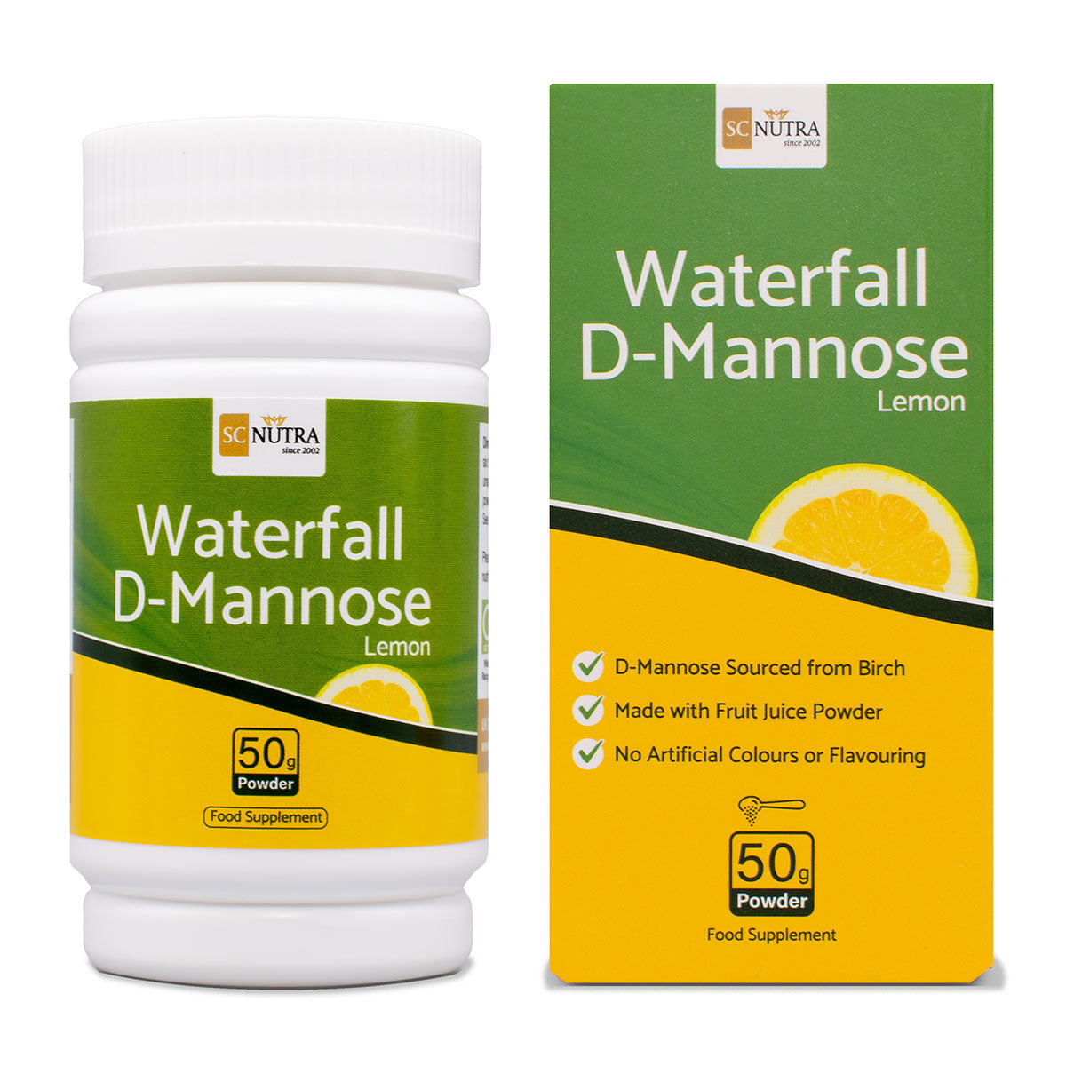 Packaging and container of Waterfall D-Mannose Lemon powder, with branding and product information such as D-mannose sourced from birch, Made with fruit juice powder and No artificial colours or flavouring. 