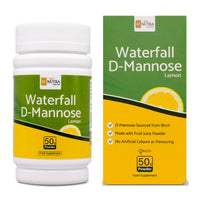 Packaging and container of Waterfall D-Mannose Lemon powder, with branding and product information such as D-mannose sourced from birch, Made with fruit juice powder and No artificial colours or flavouring. 
