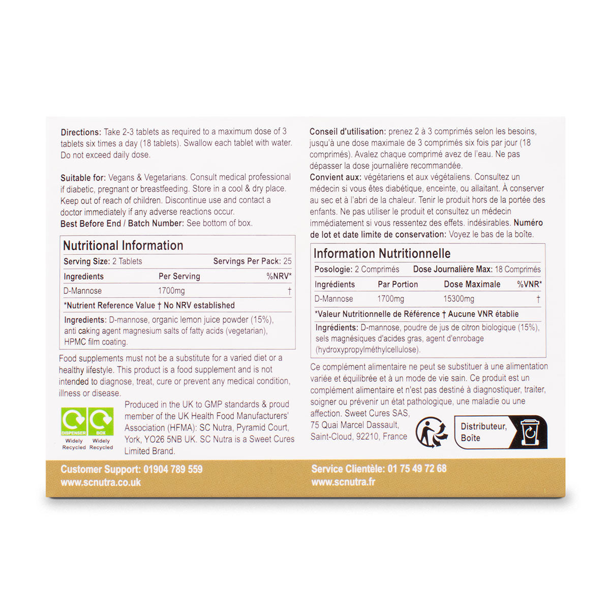 Waterfall D-Mannose Lemon Melts back of box. Featuring, Directions, Suitable for, Nutritional information, & Sweet Cures Limited manufacturer information.
