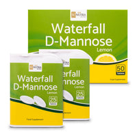 Waterfall D-Mannose Lemon Melts packaging showing front of box and two travel friendly dispensers. Melts can be swallowed like a tablet or left to melt in the mouth and are a great alternative to D-Mannose Gummies.