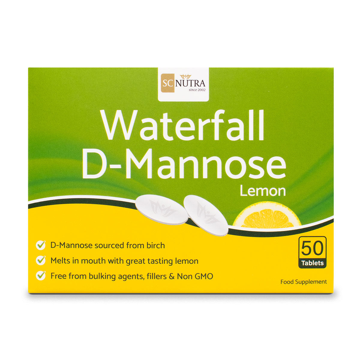 Waterfall D-Mannose Lemon Melts box front. Bullet points: D-Mannose sourced from birch. Melts in the mouth with great tasting lemon. Free from bulking agents, fillers & Non GMO.