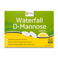 Waterfall D-Mannose Lemon Melts box front. Bullet points: D-Mannose sourced from birch. Melts in the mouth with great tasting lemon. Free from bulking agents, fillers & Non GMO.