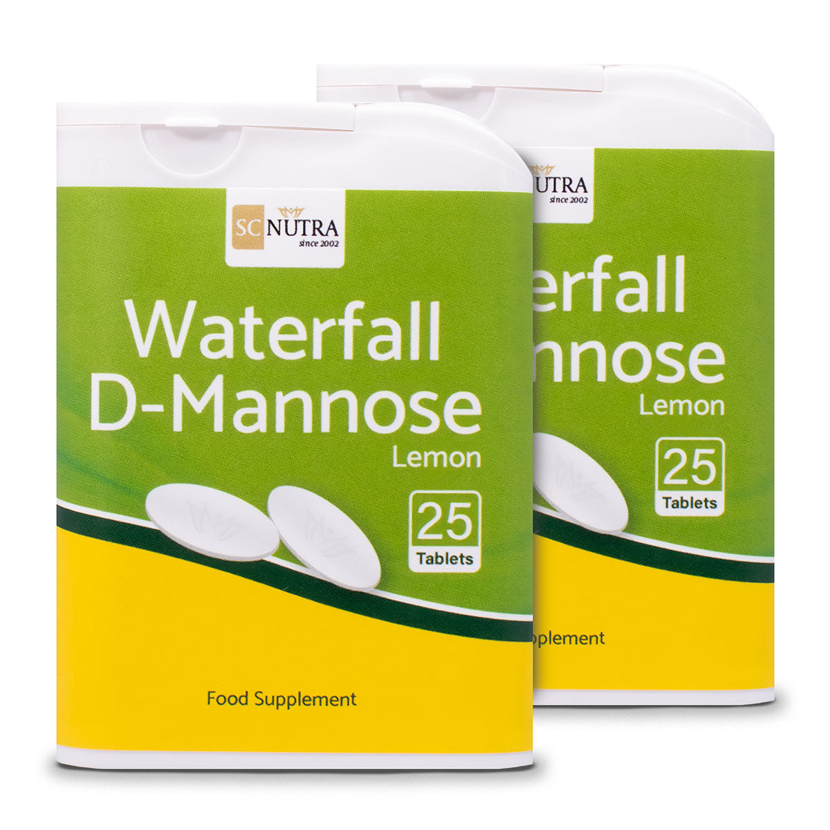 Waterfall D-Mannose Lemon Melts Dispensers. Two travel friendly dispensers per pack, each containing 25 tablets. Fully recyclable flip top style dispensers.