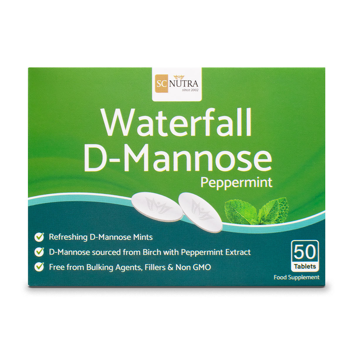 Waterfall D-Mannose Mints front of box. Bullet points: Refreshing D-Mannose Mints. D-Mannose sourced from birch with Peppermint Extract.