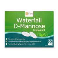 Waterfall D-Mannose Mints front of box. Bullet points: Refreshing D-Mannose Mints. D-Mannose sourced from birch with Peppermint Extract.