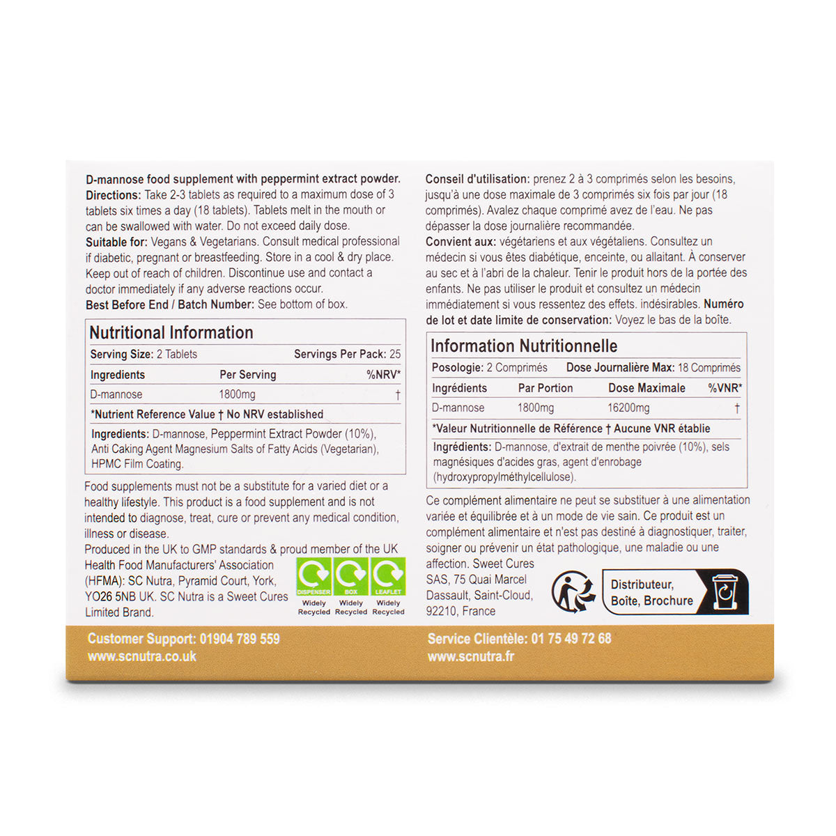 Waterfall D-Mannose Mints back of box. Featuring, Directions, Suitable for, Nutritional information, & Sweet Cures Limited manufacturer.