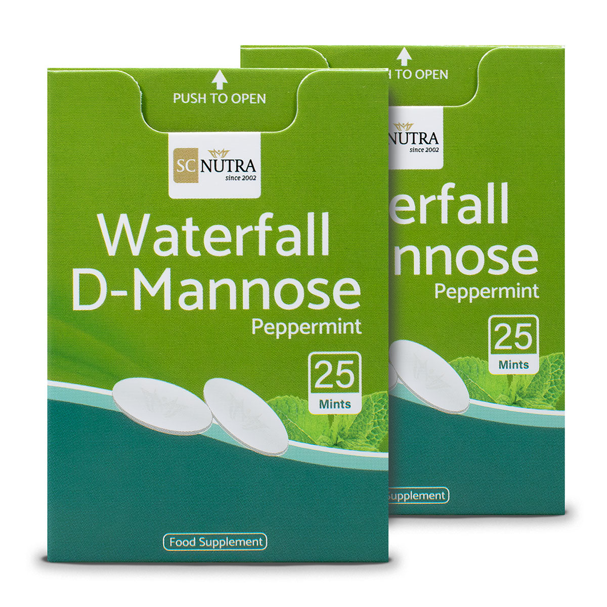 Waterfall D-Mannose Mints Dispensers. Plastic free & made of card – Environmentally friendly and travel sized dispensers.