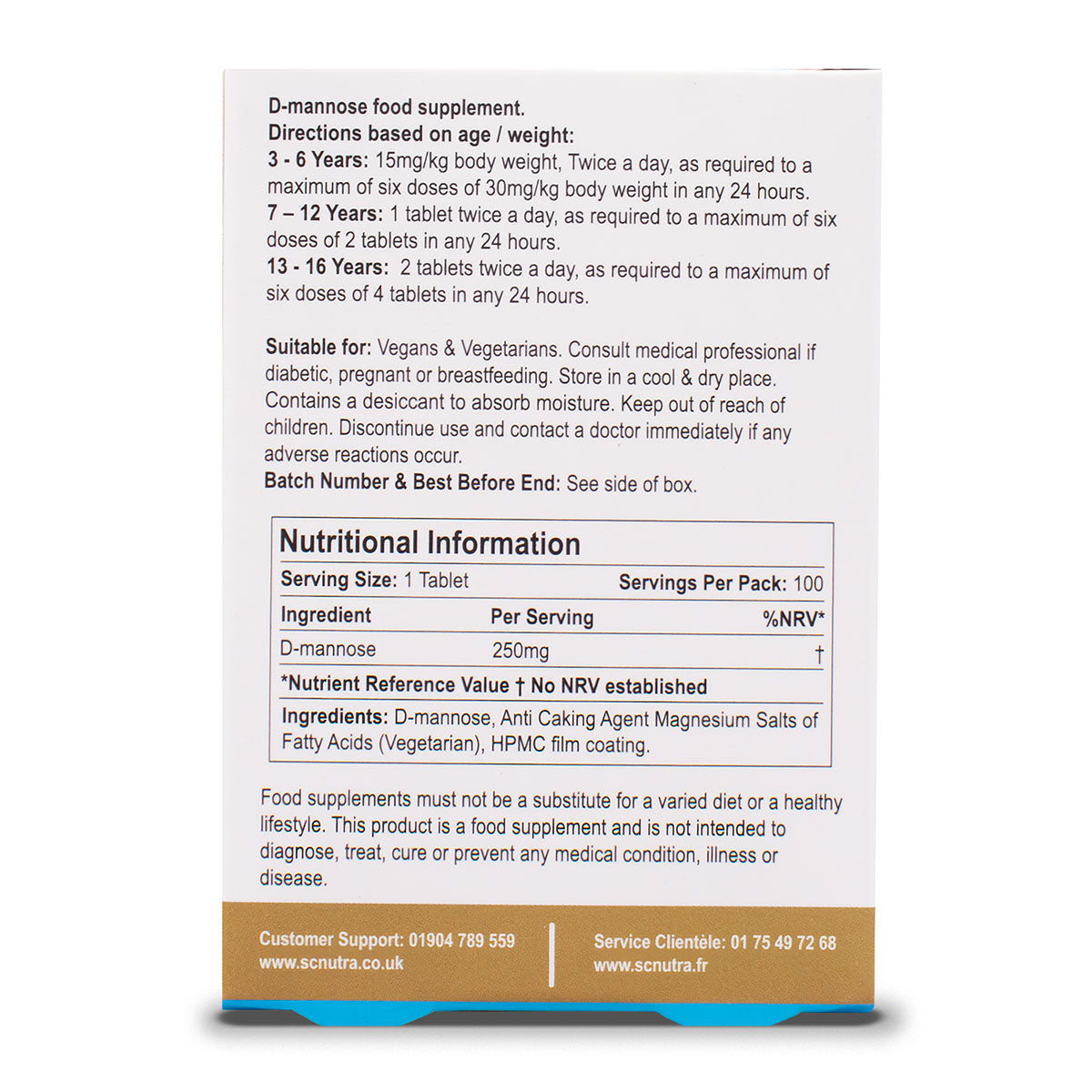 Waterfall D-Mannose Children Original Melt in the mouth tablets back of box. Featuring, Directions, Suitable for & Nutritional information.