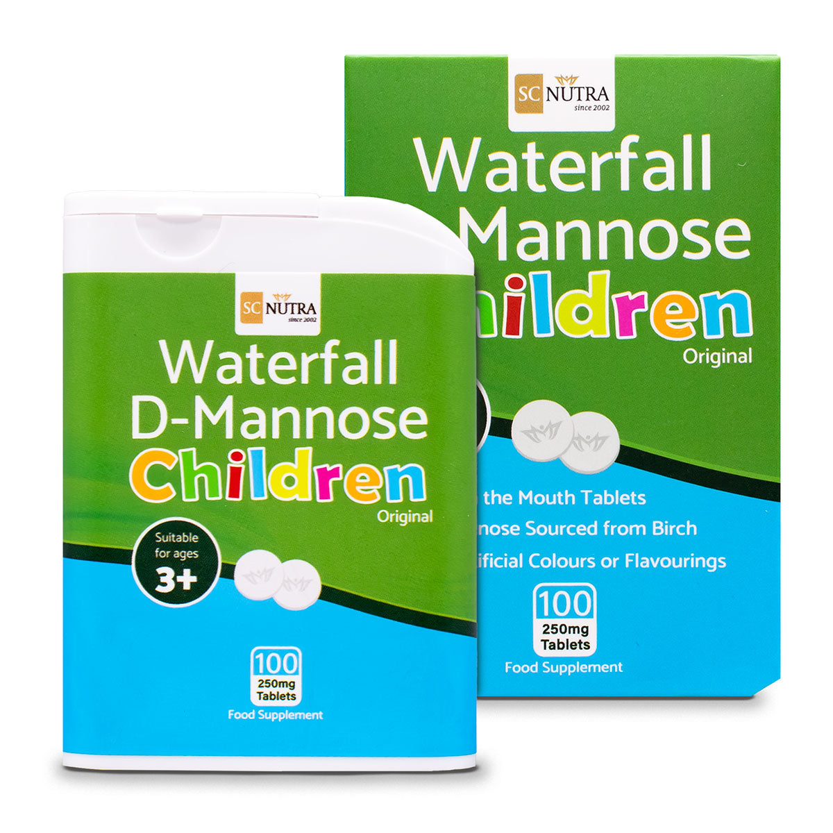 Waterfall D-Mannose Children Original Melt in the mouth tablets showing front of box and dispenser. 100 melt in the mouth tablets per pack.